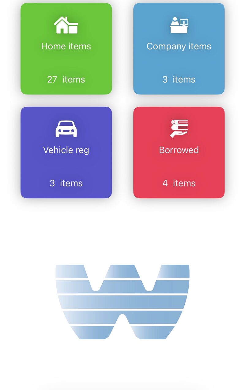 WarrantyARK home screen showing four categories: Home items, Company items, Vehicle registration, and Borrowed items.