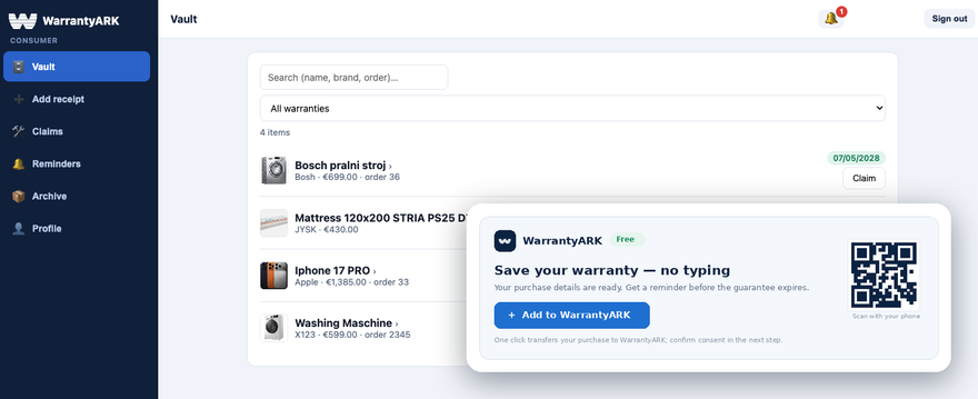 The WarrantyARK consumer app — a warranty vault listing saved purchases, with reminders and one-tap claims