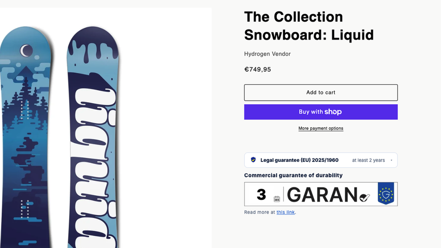 EU legal-guarantee notice and GARAN durability label shown by WarrantyARK on a live Shopify product page